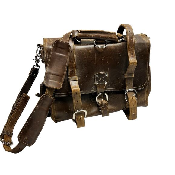 Full Grain Briefcase Handcrafted by Rustic Leather Dark Brown Distressed Strap